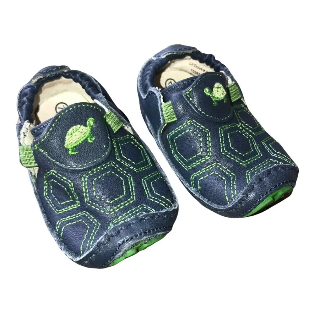 Stride Rite Boys Girls Shoes 2M 2 M Lil Chuckle Navy Blue Green Turtle‎ LeatherD
